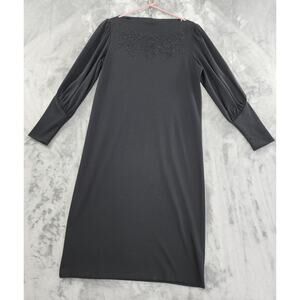 Vintage 80s IFI Beaded Wide Neck Bishop Sleeve Stretch Shift Dress Size L Black